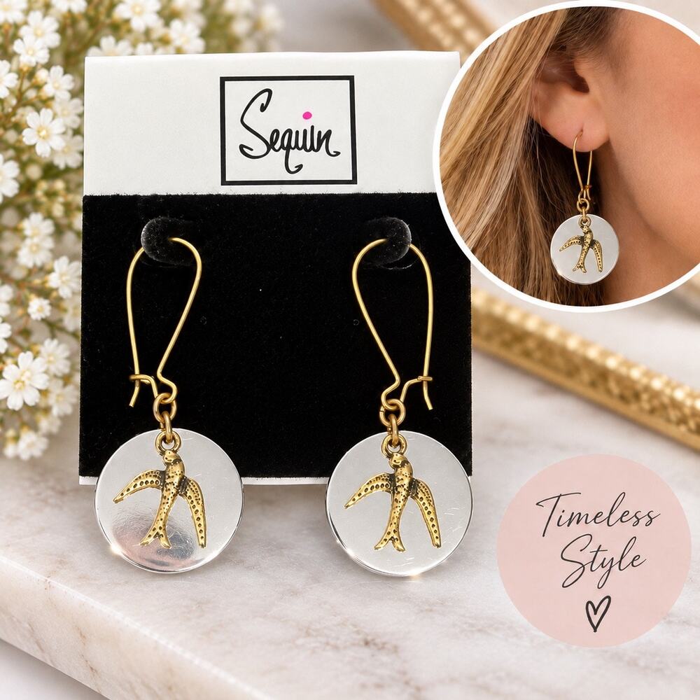 Nordstrom Sequin Gold & Silver Swallow Bird Dangle drop Earrings NWT gift bird